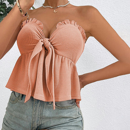 Tie Front Tube Top for Women Sexy Strapless Bandeau Cropped Tops Ruffle Hem Tank Tops