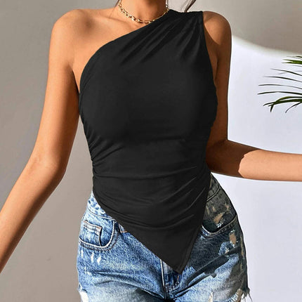 Women's Sexy Ruched Asymmetrical Hem Tops One Shoulder Sleeveless Tank Top