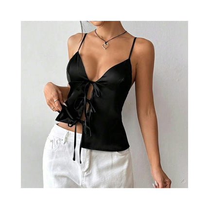 Women Sexy V Neck Crop Tops Slit Front Tie Sleeveless Spaghetti Strap Slim Fit Tank Tops