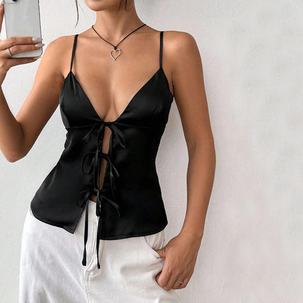 Women Sexy V Neck Crop Tops Slit Front Tie Sleeveless Spaghetti Strap Slim Fit Tank Tops