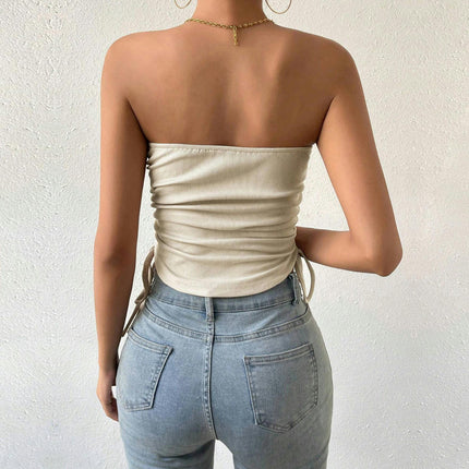 Women Summer Strapless Crop Tube Top Sweetheart Neck Drawstring Ruched Bandeau Tank Top