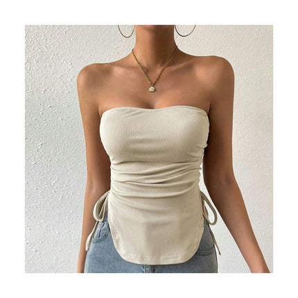 Women Summer Strapless Crop Tube Top Sweetheart Neck Drawstring Ruched Bandeau Tank Top