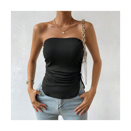 Women Summer Strapless Crop Tube Top Sweetheart Neck Drawstring Ruched Bandeau Tank Top