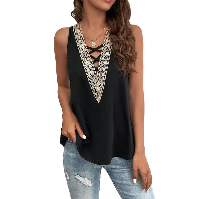 Women's V Neck Sleeveless Lace Trim Casual Tank Tops Loose Fit Basic Blouse