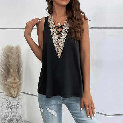 Women's V Neck Sleeveless Lace Trim Casual Tank Tops Loose Fit Basic Blouse