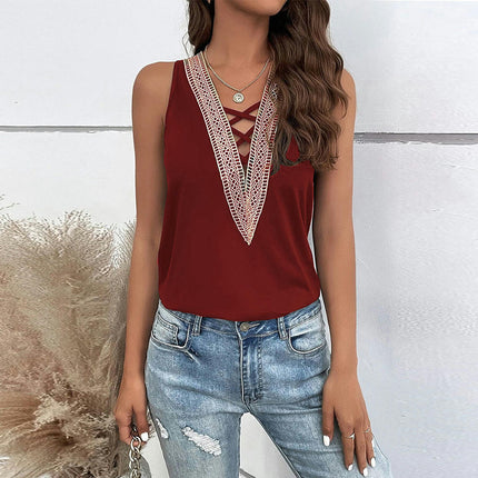 Women's V Neck Sleeveless Lace Trim Casual Tank Tops Loose Fit Basic Blouse