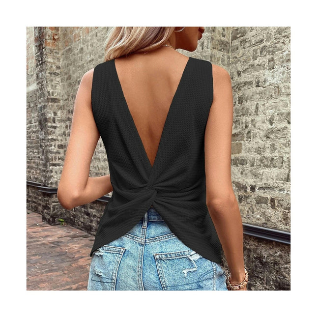 Sleeveless Shirts for Women Casual Summer V Neck Tank Tops Twist Back Blouses