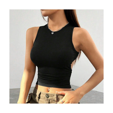 Women's Sleeveless Crop Tops Ruched Crewneck Backless Summer Fitted Tank Top