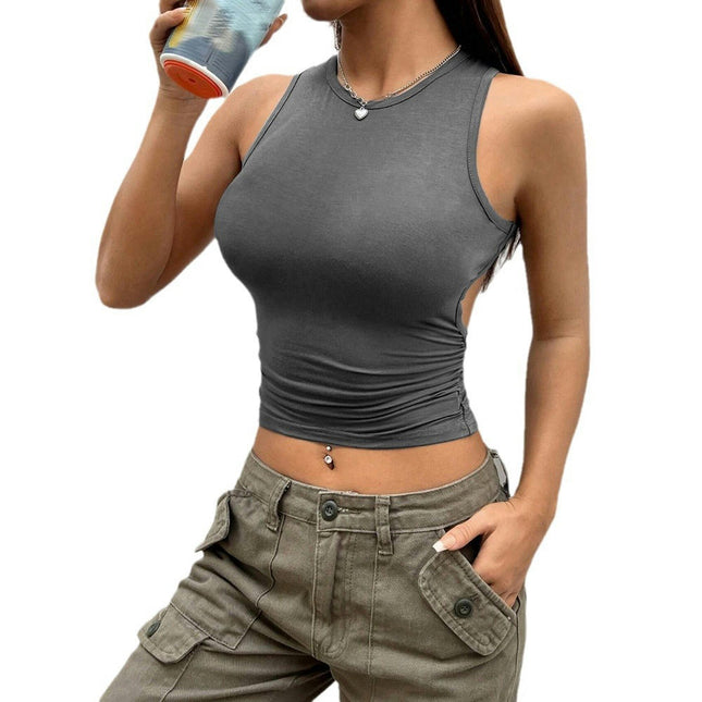 Women's Sleeveless Crop Tops Ruched Crewneck Backless Summer Fitted Tank Top