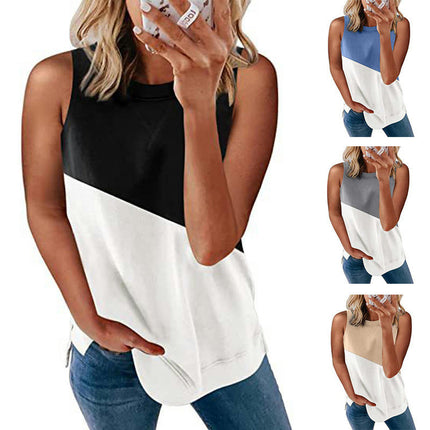 Women Casual Summer Tops Sleeveless Color blocking Tank Top Crew Neck Blouses