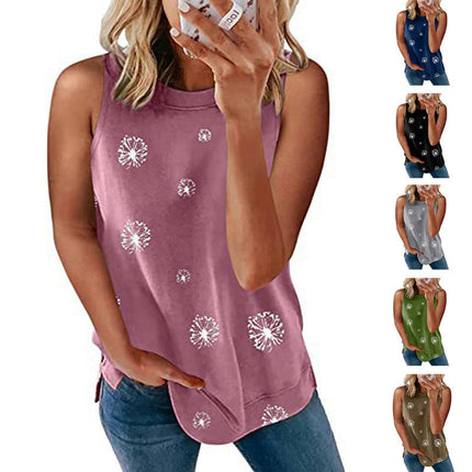 Womens Round Neck Sleeveless Shirts Summer Casual Printed Tank Tops