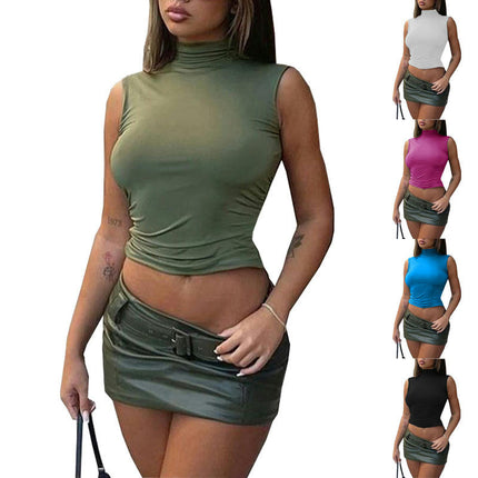 Womens Sleeveless High Neck Casual Fitted Tank Top Backless Crop Top