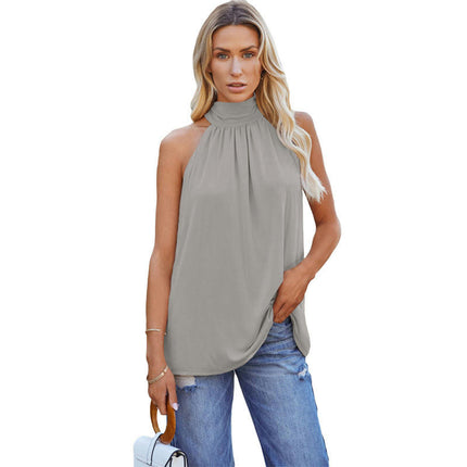 Women Summer Sleeveless Tie Mock Neck Halter Tops Casual Bow Loose Tank Top