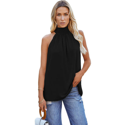 Women Summer Sleeveless Tie Mock Neck Halter Tops Casual Bow Loose Tank Top