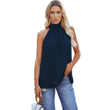 Women Summer Sleeveless Tie Mock Neck Halter Tops Casual Bow Loose Tank Top