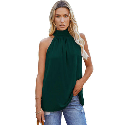 Women Summer Sleeveless Tie Mock Neck Halter Tops Casual Bow Loose Tank Top