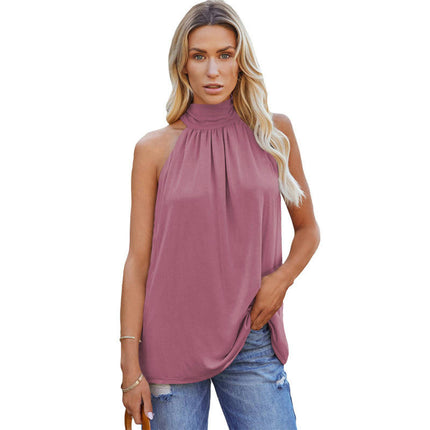 Women Summer Sleeveless Tie Mock Neck Halter Tops Casual Bow Loose Tank Top