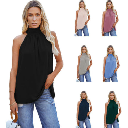 Women Summer Sleeveless Tie Mock Neck Halter Tops Casual Bow Loose Tank Top