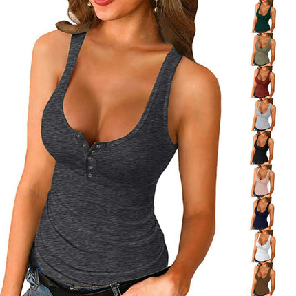 Women's Crew Neck Tank Tops Summer Sleeveless Ribbed Button Casual Henley Shirts