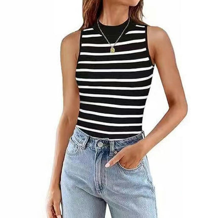 Womens Sleeveless Tank Tops Fitted High Neck Stripes Summer Casual Tops