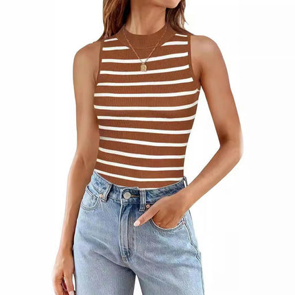 Womens Sleeveless Tank Tops Fitted High Neck Stripes Summer Casual Tops