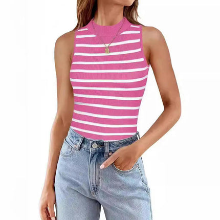 Womens Sleeveless Tank Tops Fitted High Neck Stripes Summer Casual Tops