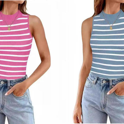 Womens Sleeveless Tank Tops Fitted High Neck Stripes Summer Casual Tops