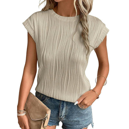 Womens Short Sleeve Textured Tops Crewneck Solid Loose Casual Basic T Shirts