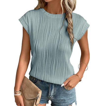 Womens Short Sleeve Textured Tops Crewneck Solid Loose Casual Basic T Shirts