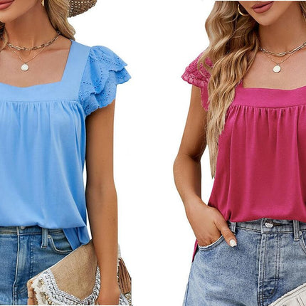 Women's Square Neck Summer Tank Top Ruffle Cap Sleeve Shirt Blouse