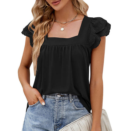 Women's Square Neck Summer Tank Top Ruffle Cap Sleeve Shirt Blouse