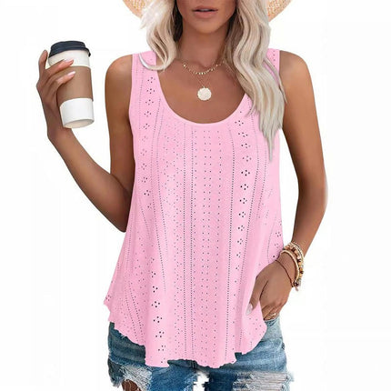 Womens Tank Tops Summer Casual Crew Neck Sleeveless Eyelets Top Loose Fit Shirts