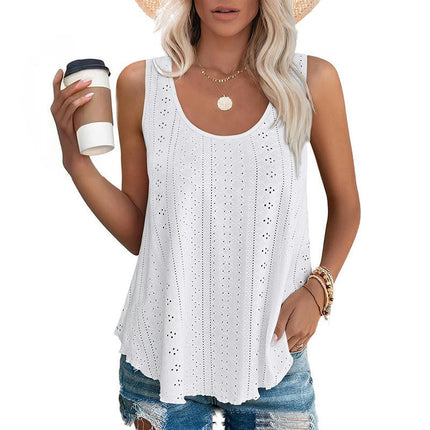 Womens Tank Tops Summer Casual Crew Neck Sleeveless Eyelets Top Loose Fit Shirts