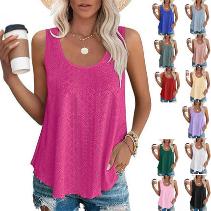 Womens Tank Tops Summer Casual Crew Neck Sleeveless Eyelets Top Loose Fit Shirts