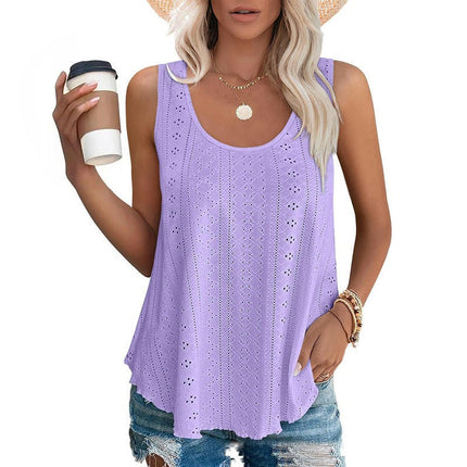 Womens Tank Tops Summer Casual Crew Neck Sleeveless Eyelets Top Loose Fit Shirts