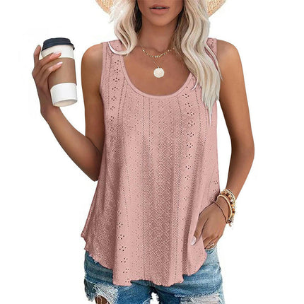 Womens Tank Tops Summer Casual Crew Neck Sleeveless Eyelets Top Loose Fit Shirts