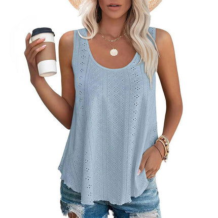 Womens Tank Tops Summer Casual Crew Neck Sleeveless Eyelets Top Loose Fit Shirts