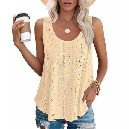 Womens Tank Tops Summer Casual Crew Neck Sleeveless Eyelets Top Loose Fit Shirts