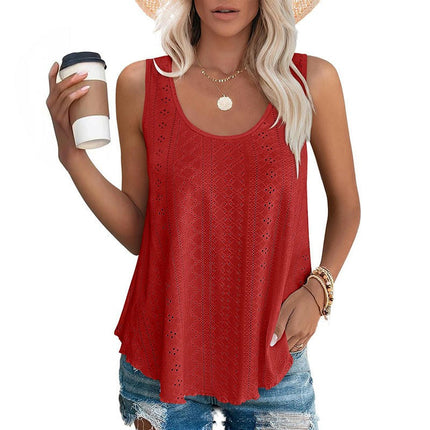 Womens Tank Tops Summer Casual Crew Neck Sleeveless Eyelets Top Loose Fit Shirts