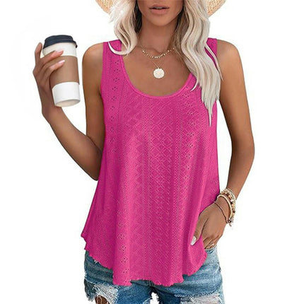 Womens Tank Tops Summer Casual Crew Neck Sleeveless Eyelets Top Loose Fit Shirts