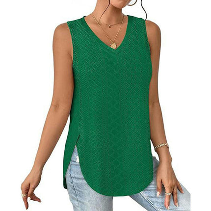 Womens Tank Tops V Neck Eyelet Embroidery Casaul Sleeveless Shirts