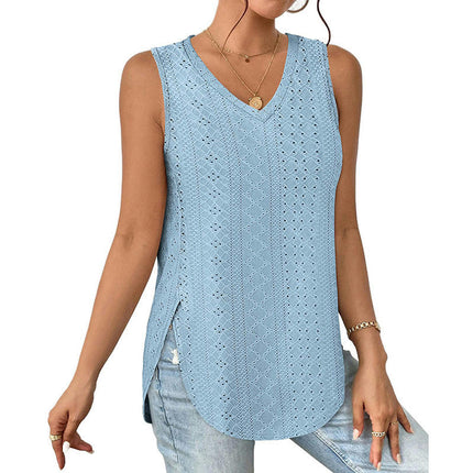 Womens Tank Tops V Neck Eyelet Embroidery Casaul Sleeveless Shirts