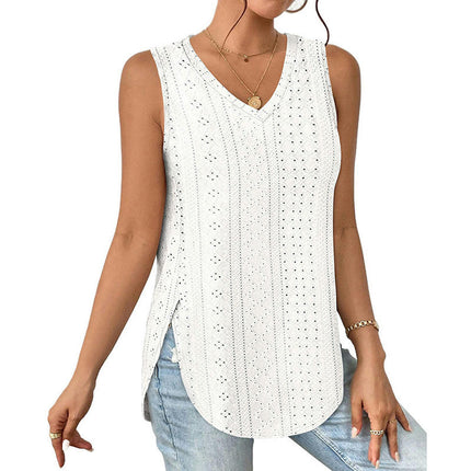 Womens Tank Tops V Neck Eyelet Embroidery Casaul Sleeveless Shirts