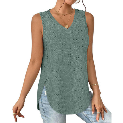 Womens Tank Tops V Neck Eyelet Embroidery Casaul Sleeveless Shirts