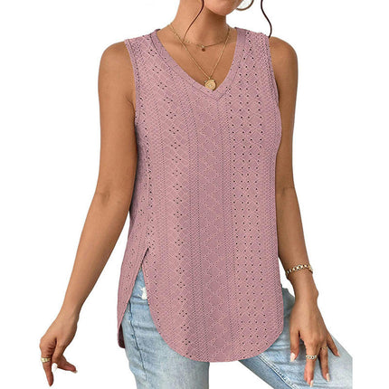 Womens Tank Tops V Neck Eyelet Embroidery Casaul Sleeveless Shirts