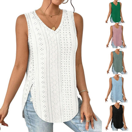 Womens Tank Tops V Neck Eyelet Embroidery Casaul Sleeveless Shirts