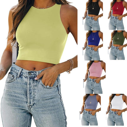 Women Crop Tank Top Summer Sleeveless Round Neck Slim Cami Tops