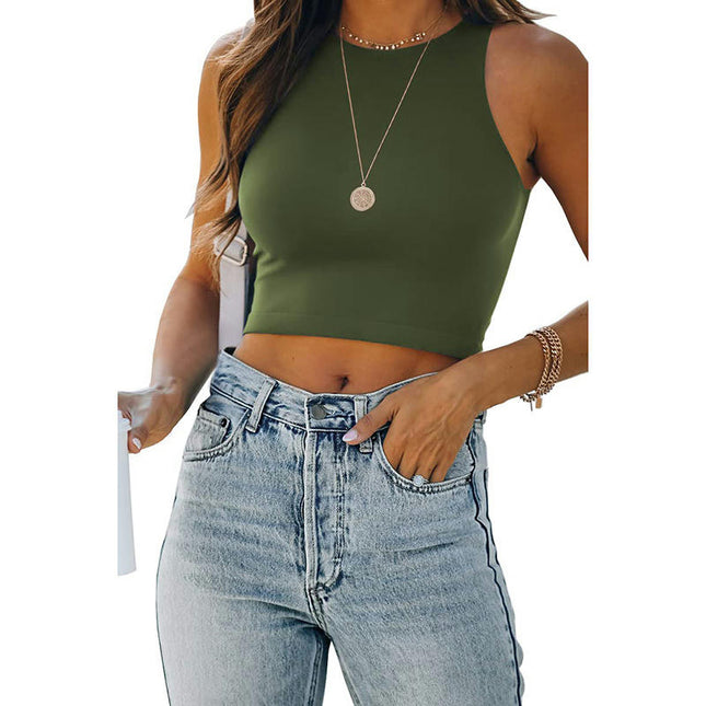 Women Crop Tank Top Summer Sleeveless Round Neck Slim Cami Tops