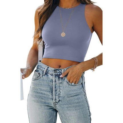 Women Crop Tank Top Summer Sleeveless Round Neck Slim Cami Tops