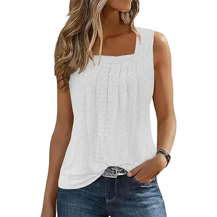 Summer Tank Top for Women Square Neck Sleeveless Flowy Pleated Eyelet Loose Fit Tops